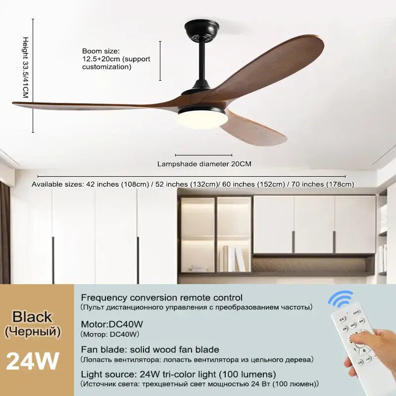 Modern dark brown and black wood blade ceiling fan with three solid wood blades and 24w tri-color light for living room