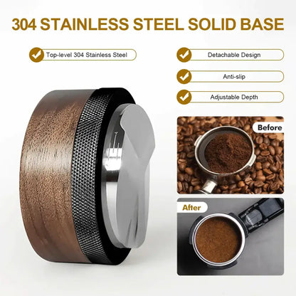 A sleek dark brown espresso distribution tool with polished 304 stainless steel base and wood-finished ring