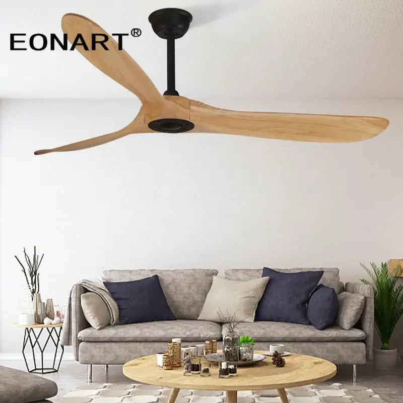Eonart modern dark brown solid wood ceiling fan with three light wooden blades and black hub for living room use