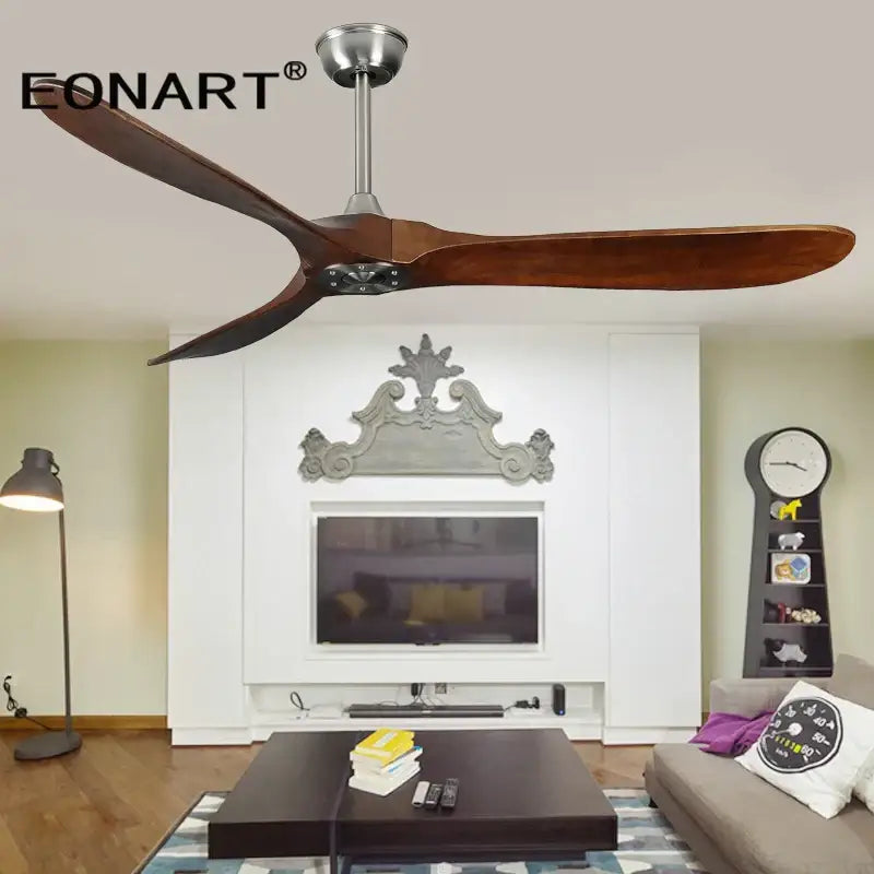 Eonart modern dark brown ceiling fan with three solid wood blades and brushed stainless steel hub for living room use
