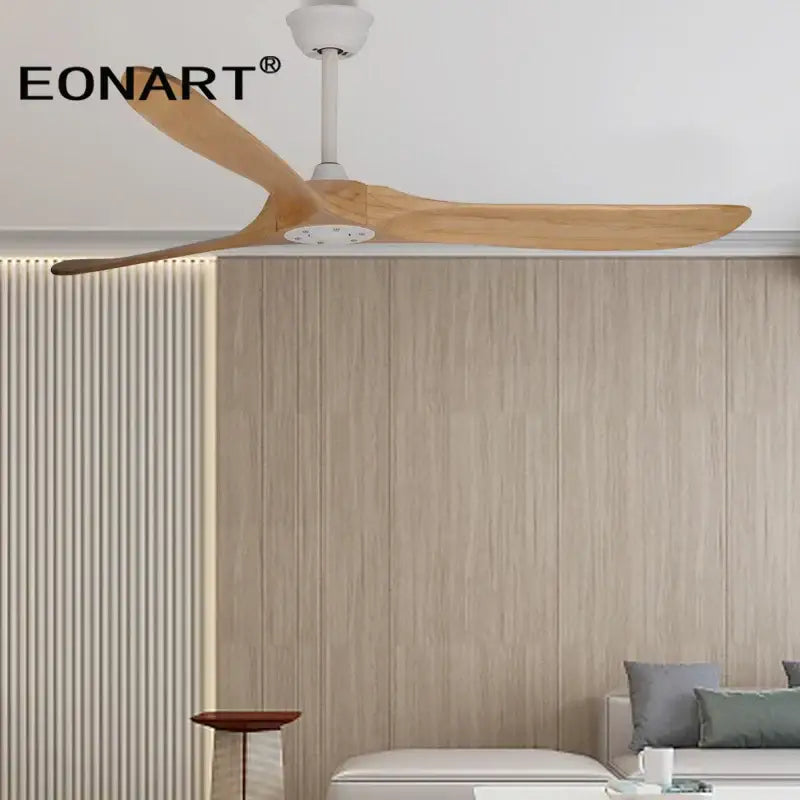 Eonart ceiling fan with three light wood blades and white hub in modern dark brown solid wood design with remote control