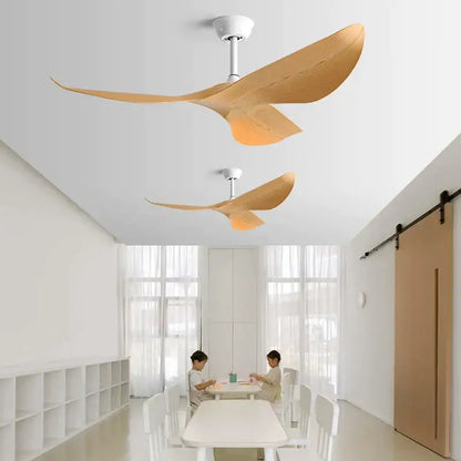 Modern dark brown wood ceiling fan with sleek wing-like blades and white central hub for living room use