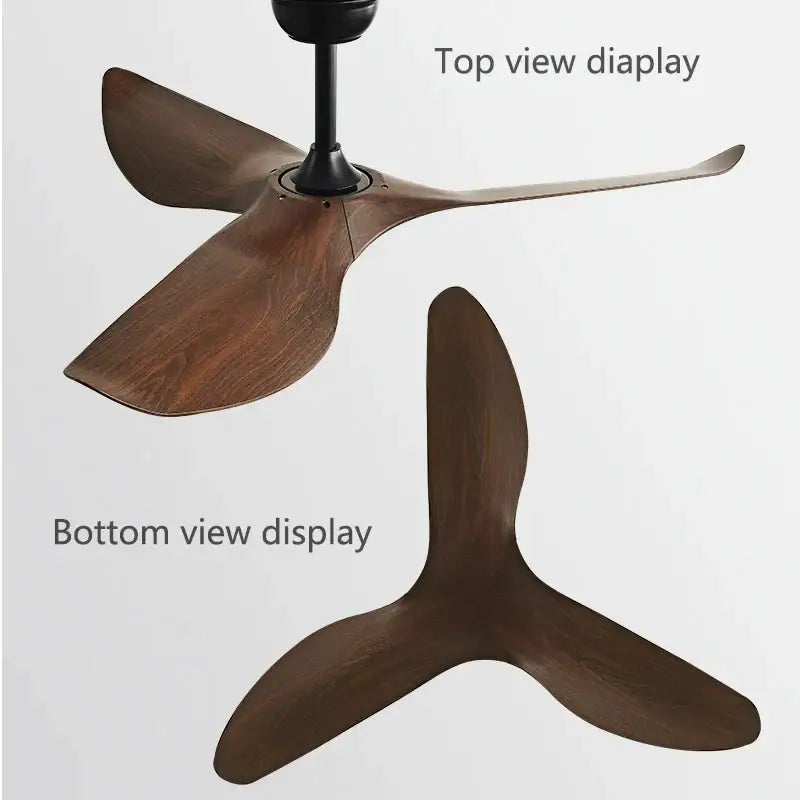 Modern ceiling fan with three dark brown wooden blades and black hub featuring remote control for living room use