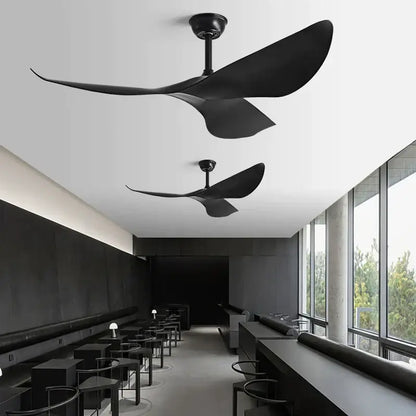 Black matte modern ceiling fan with sleek blades and remote control for living room with dark brown wood accents