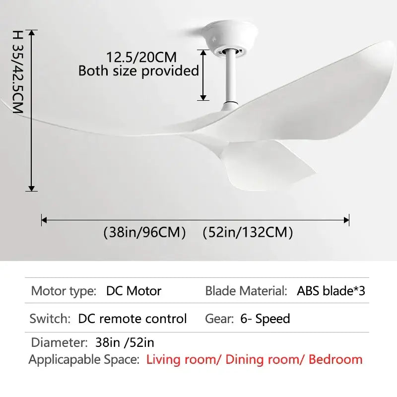 Modern ceiling fan in white with sleek abs blades and remote control for living room use