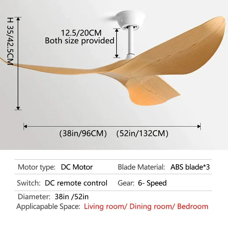 Modern ceiling fan with three light-brown abs blades and white motor housing for living room with remote control