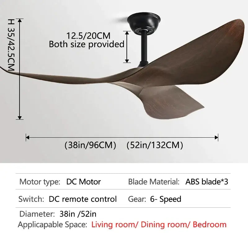 Modern ceiling fan with sleek dark brown abs blades and matte black motor housing for living room use