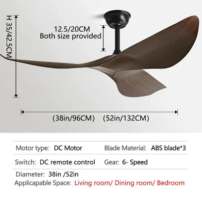 Modern ceiling fan with sleek dark brown abs blades and matte black motor housing for living room use