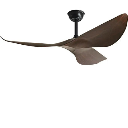 Modern ceiling fan with sleek dark brown wooden blades and matte black hub for living room with DC remote control