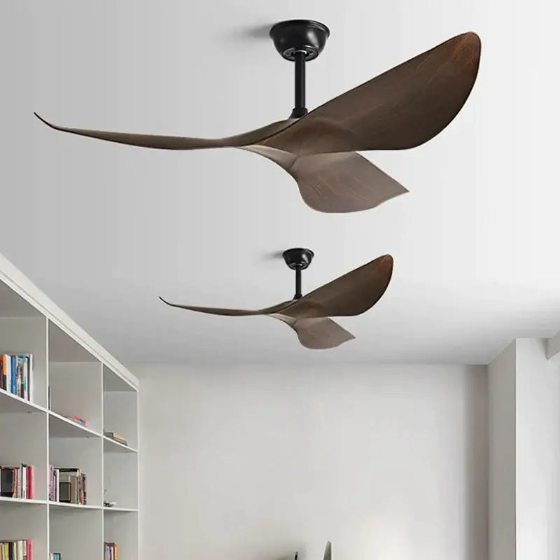 Modern ceiling fan with sleek dark brown wooden blades and black metal hubs for living room use with dc remote control