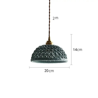 Modern dark gray ceramic led pendant lamp with a dark green woven shade brass top and twisted cord for bedroom lighting