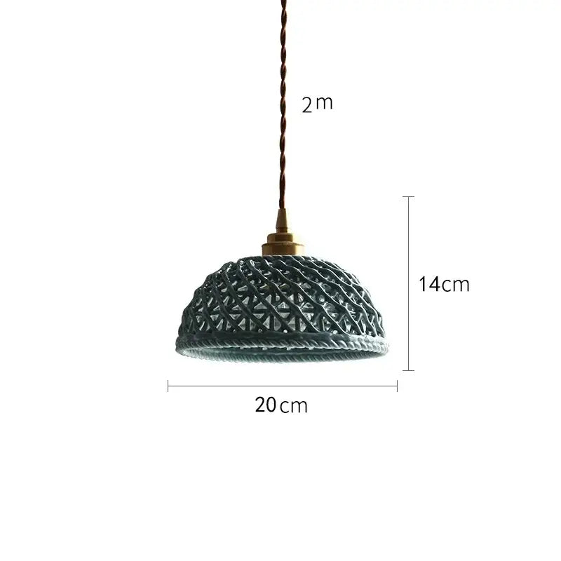 Modern dark gray ceramic led pendant lamp with a dark green woven shade and brass-finished top for bedroom lighting