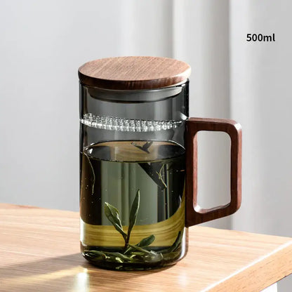 Modern dark green glass tea cup set with wooden handle features a 500ml transparent cup showcasing tea leaves