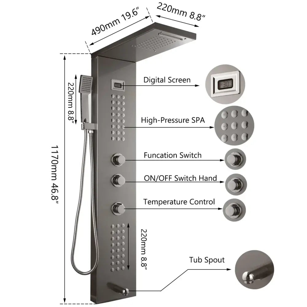 Modern dark grey shower column with brushed nickel finish, digital screen, high-pressure spa spray, and temperature control