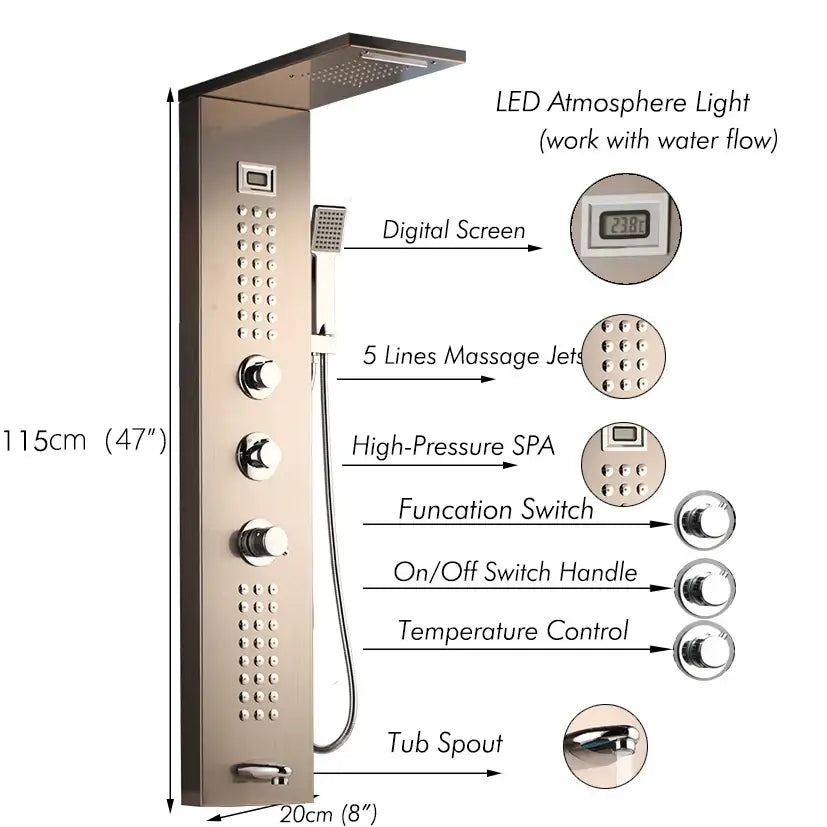 Modern dark grey shower column with brushed nickel massage system digital screen led light and high-pressure spa function