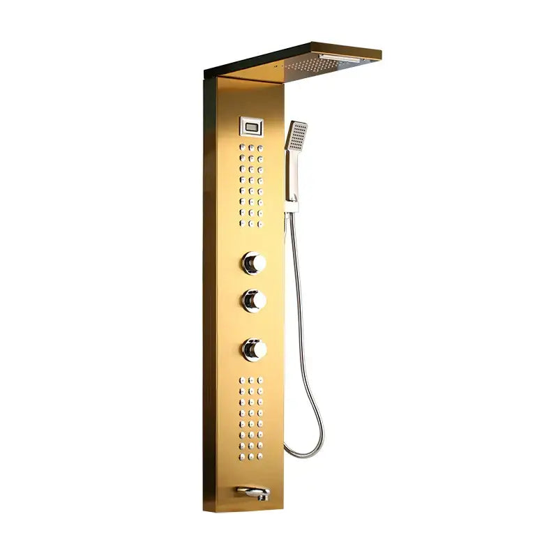 Modern dark grey shower column with gold-finished rainhead and multiple controls for decorbites dark grey shower decor