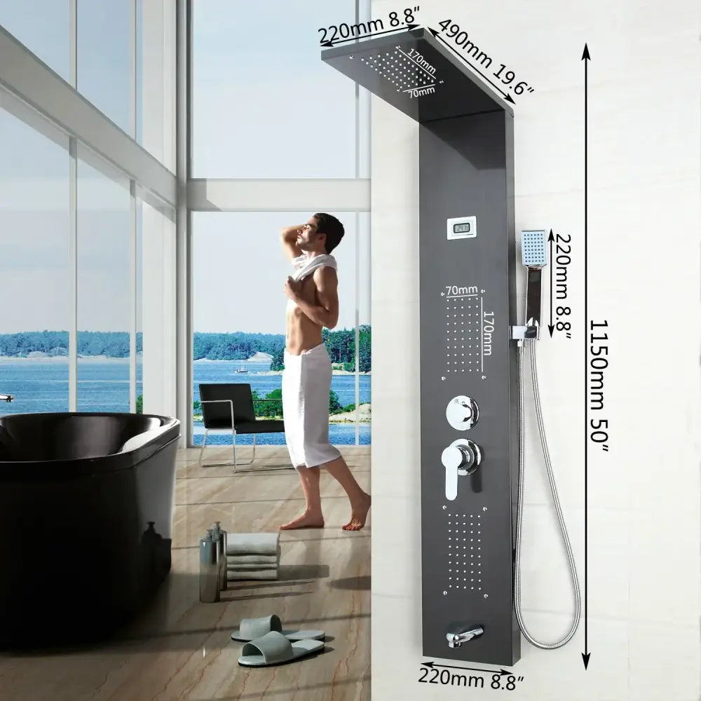 Modern dark nickel shower panel with black chrome rainfall tower handheld sprayer and massage system decorbites dark nickel