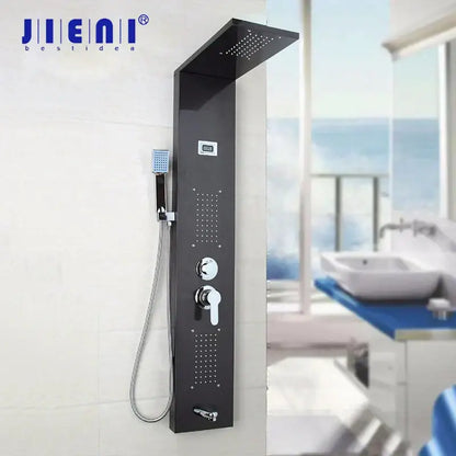 Modern dark nickel shower panel by jiemai with large rainhead, multiple spray settings, and chrome controls decorbites dark nickel