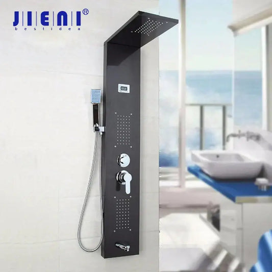 Modern dark nickel shower panel by jiemai with large rainhead, multiple spray settings, and chrome controls decorbites dark nickel