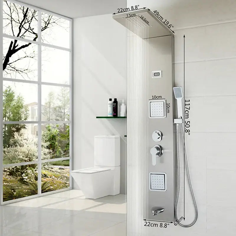 Modern dark nickel shower panel with brushed stainless steel rain shower and handheld sprayer by decorbites dark nickel