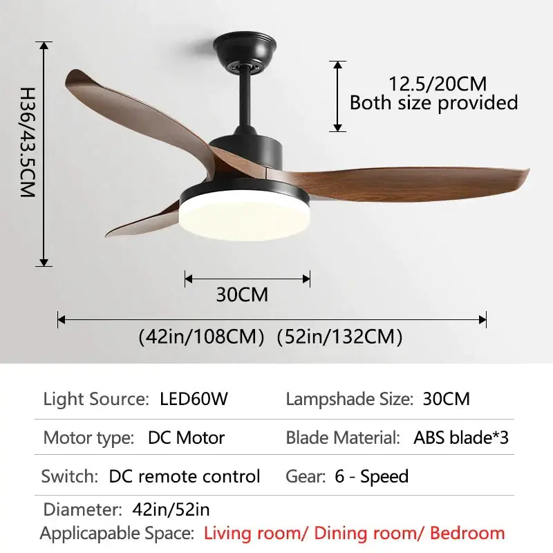 Modern dark wood ceiling fan with three wooden blades, black finish, circular led light, and remote control for bedroom use