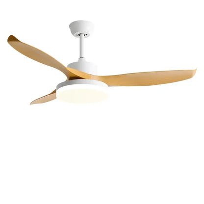 Modern ceiling fan with three light-colored wooden blades white housing integrated led light and remote control for bedroom