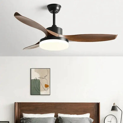 Modern dark wood ceiling fan with three blades and integrated led light with remote control for bedroom use