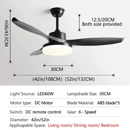 Modern dark wood ceiling fan with three sleek abs blades integrated led light and remote control for bedroom use
