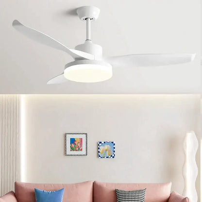 White ceiling fan with sleek modern blades and integrated led light compatible with remote control for bedroom use
