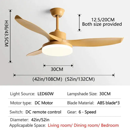 Modern dark wood ceiling fan with three light-colored abs blades, led light, and remote control for bedroom use