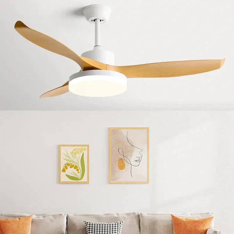 Modern dark wood ceiling fan with three light wooden blades and integrated led light with remote control for bedroom use