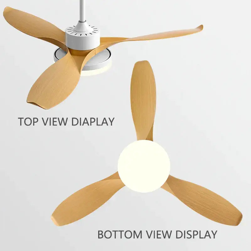 Modern ceiling fan with three light wood blades white hub led light and remote control for bedroom use