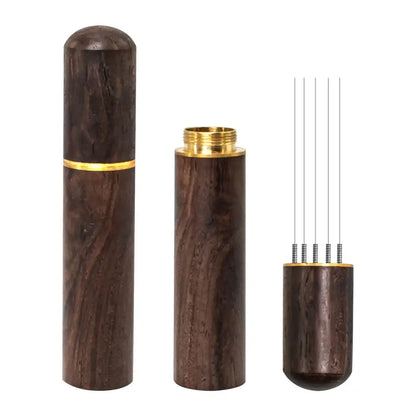 Elegant dark wood espresso coffee stirrer with gold-toned accents designed as a needle distributor for fishing hooks