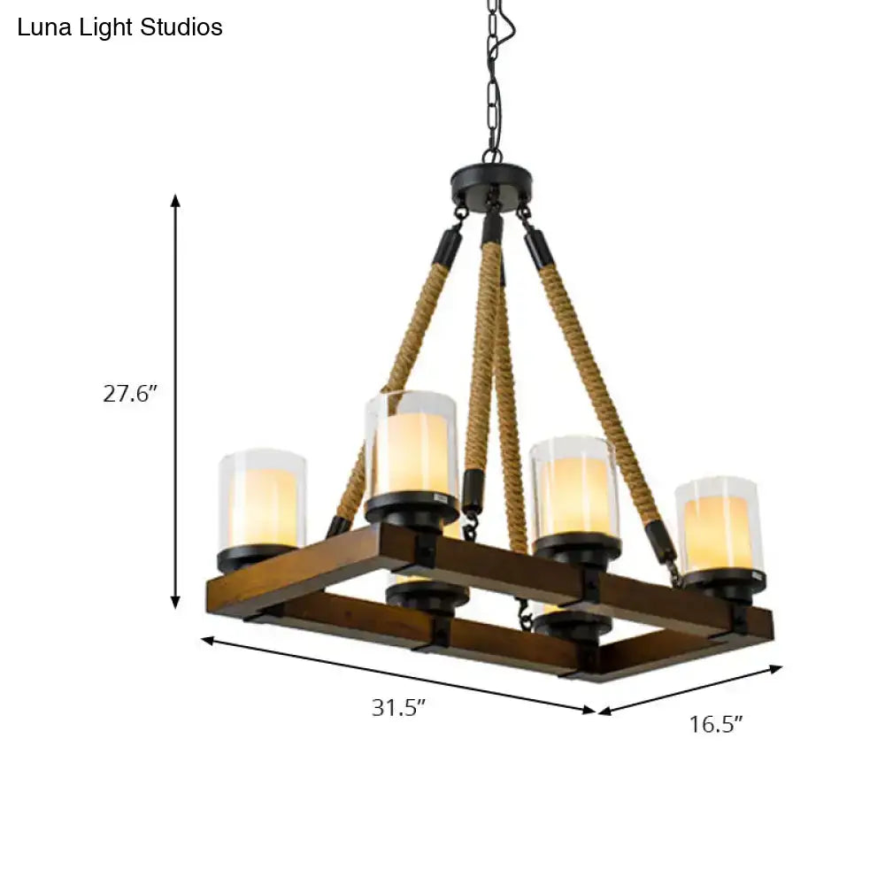 Modern dark wood island chandelier with white glass shade features rustic wooden arms and warm bulbs for dining room use