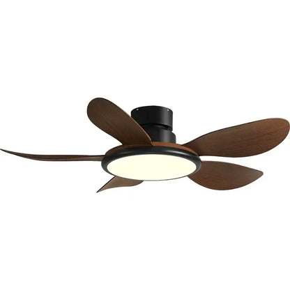 Modern dark wood led ceiling fan with five blades and circular frosted glass light fixture for living room use