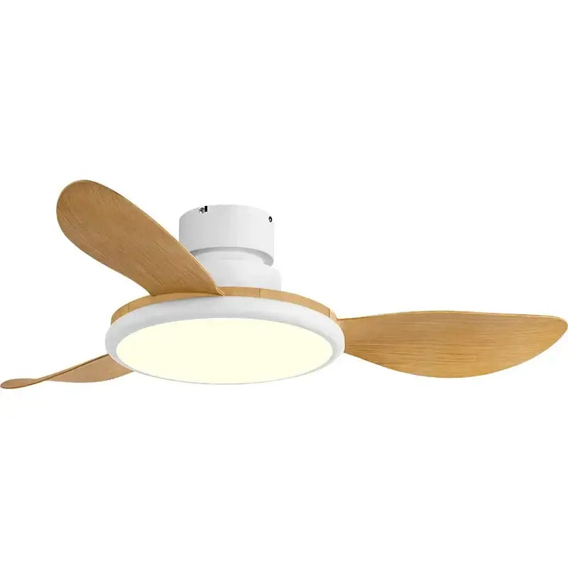 Modern ceiling fan with three light wood blades and integrated circular led ceiling light for living room use