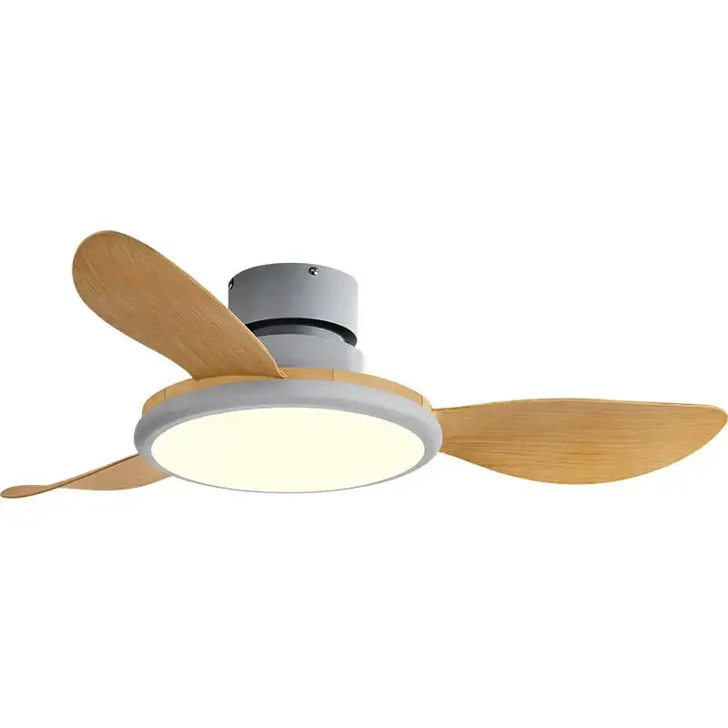 Modern dark wood led ceiling fan with three light wood blades and integrated circular led light for living room use