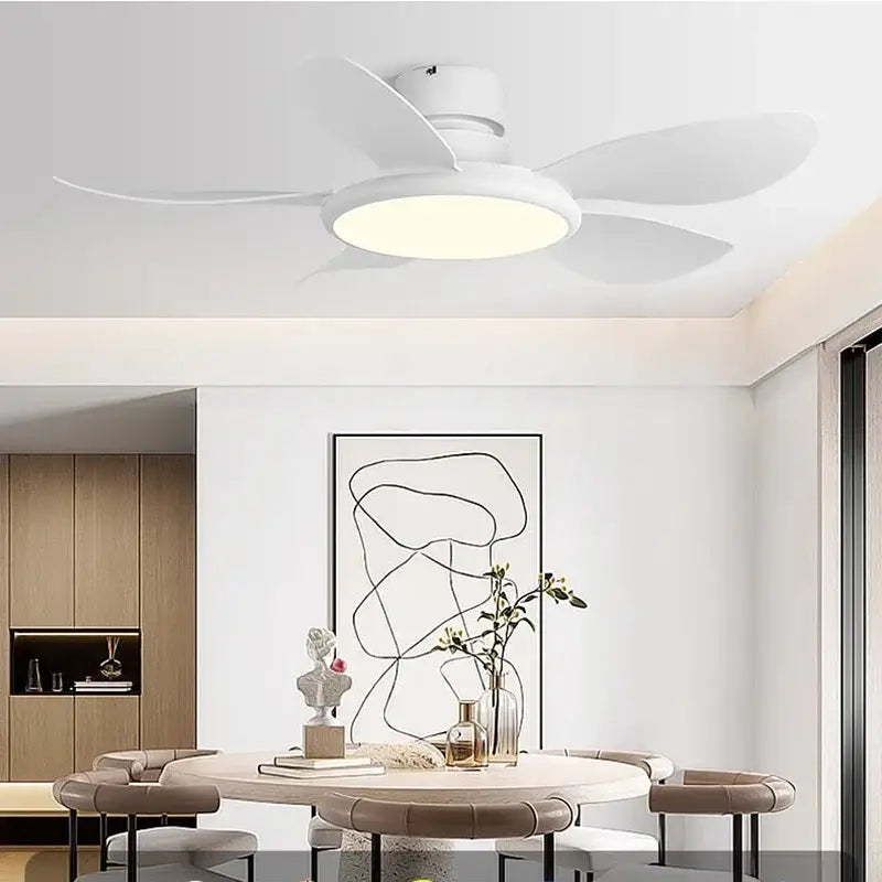 White ceiling fan with integrated led ceiling light fixture designed for modern living rooms with remote control