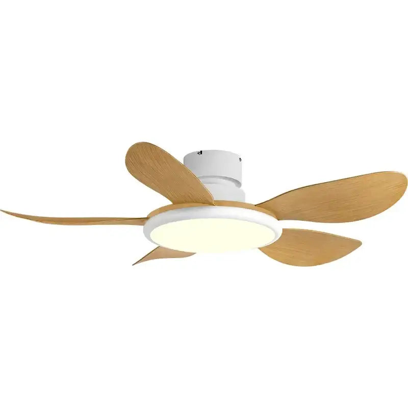 Modern dark wood led ceiling fan with five light wood blades and integrated circular led ceiling light for living room use