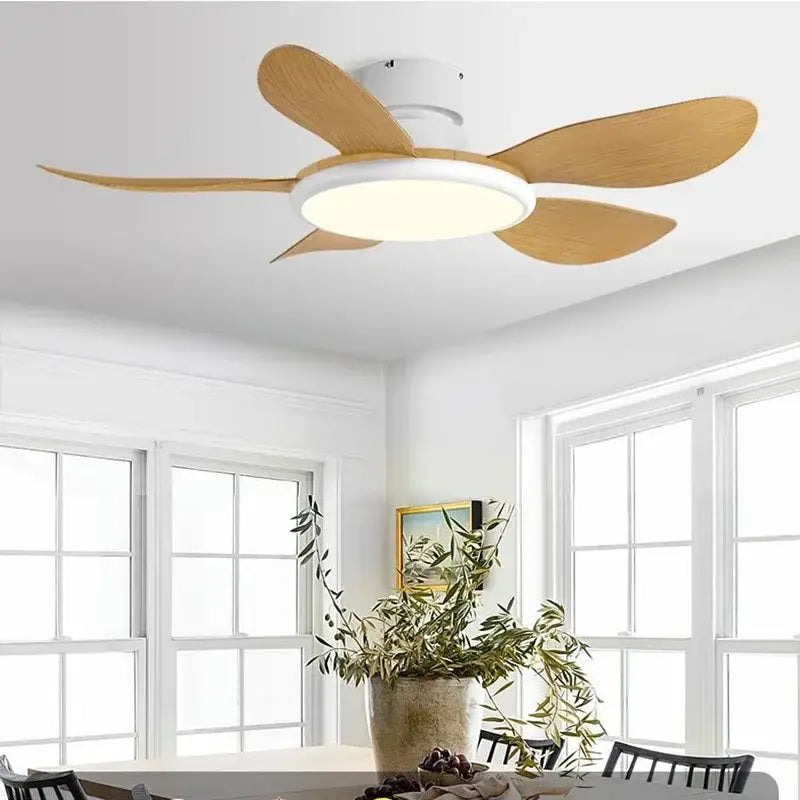 Modern dark wood led ceiling fan with five light wood blades and white motor housing for living room use with remote control