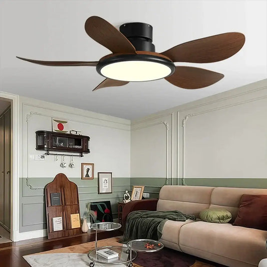 Modern dark wood led ceiling fan with five blades and integrated circular light for living room with remote control