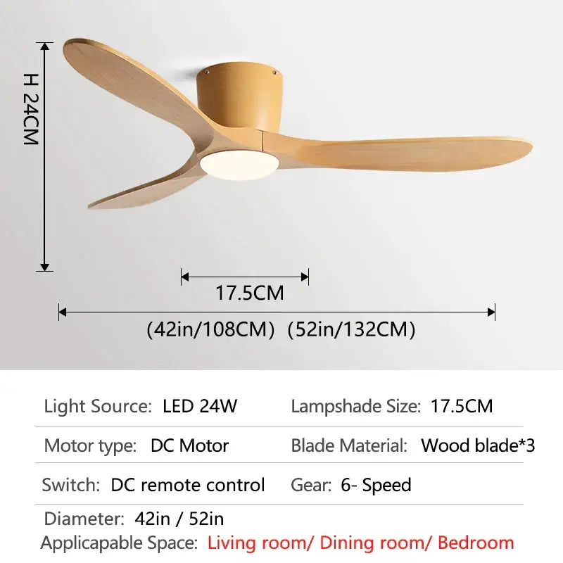 Modern dark wood remote control ceiling fan with three light wooden blades and central led light for low floor use