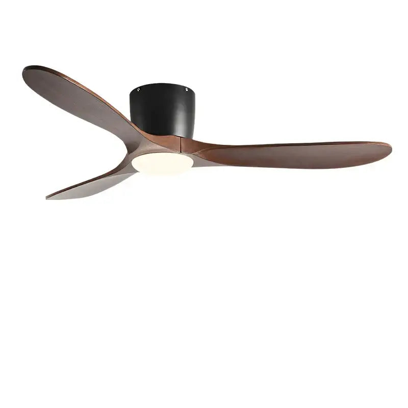 Modern dark wood ceiling fan with three blades and integrated light featuring remote control for low floor fan use