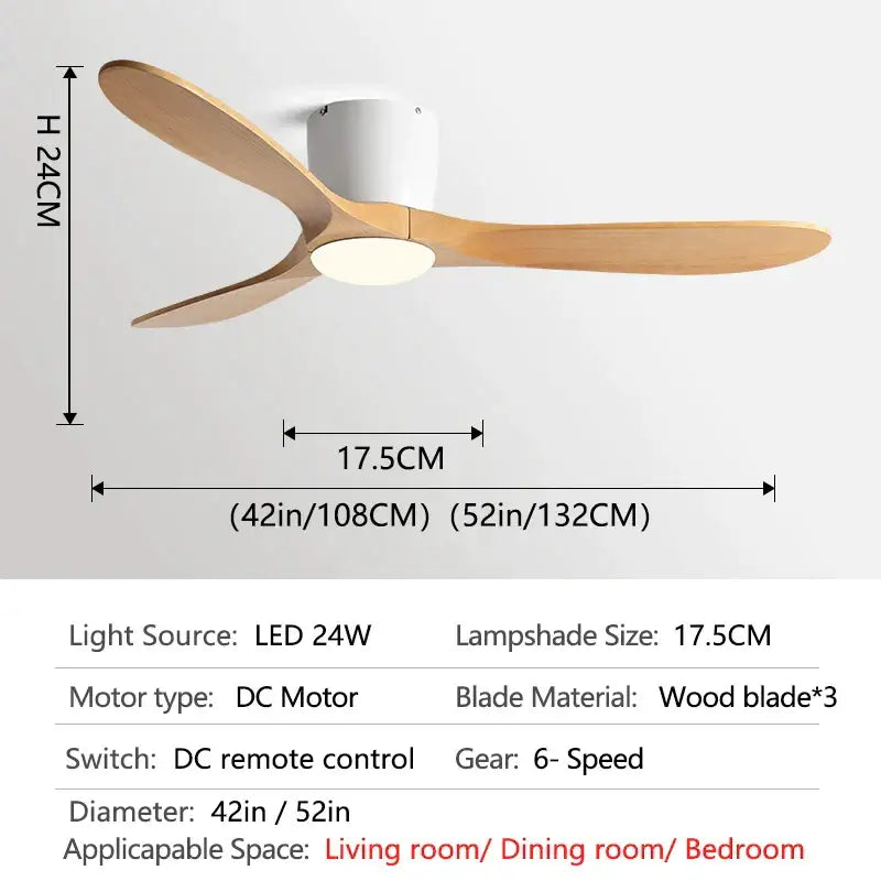 Modern ceiling fan with light wood blades and integrated led lamp, featuring remote control for low floor fan use