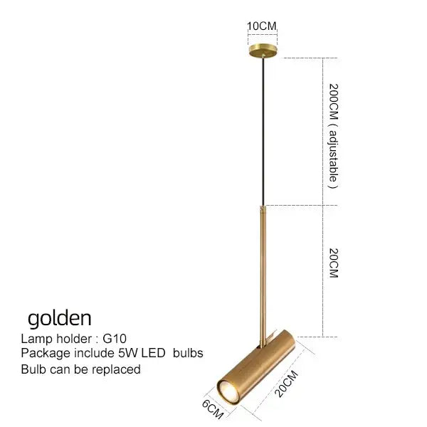 Golden cylindrical pendant light with adjustable 20cm length in modern decorbites black chandelier spotlight design