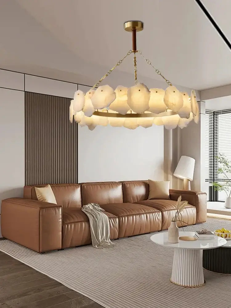 Modern decorbites brass marble ceiling chandelier with gold-toned frame and frosted glass shades for dining room light