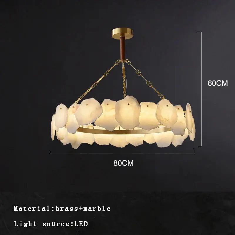 Modern decorbites brass marble ceiling chandelier with white petal-like marble pieces and brass chains for dining room lighting