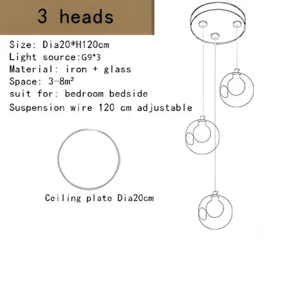 Modern decorbites bubble led chandelier with three iron and clear glass heads and adjustable suspension wires for dining room