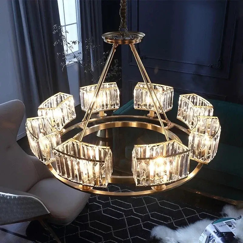 Brass-framed modern decorbites copper crystal chandelier with rectangular prisms in circular pattern for dining room