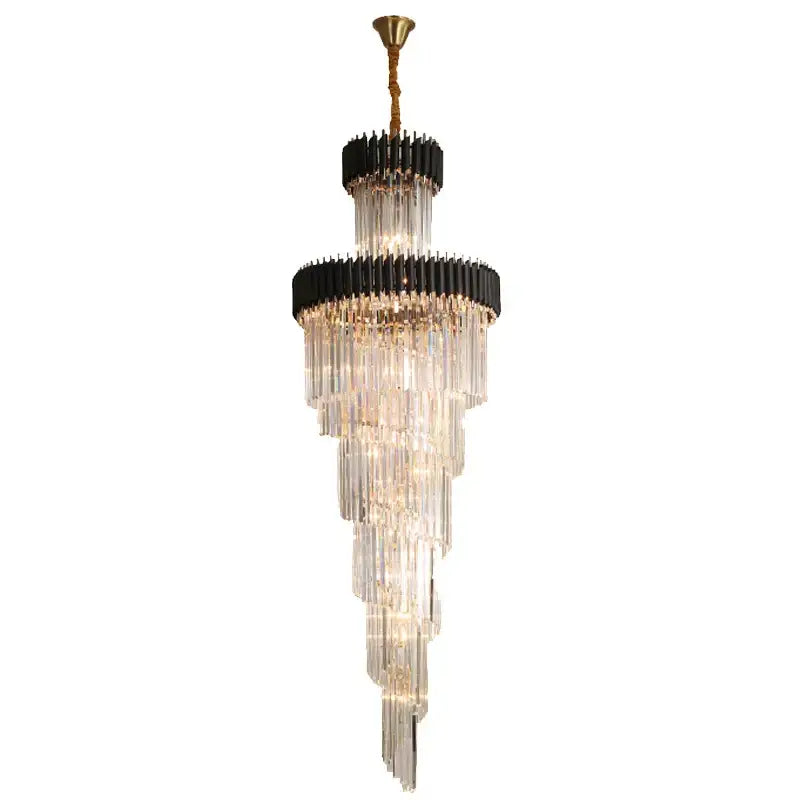 Elegant decorbites crystal black clear led tiered chandelier with cascading glass rods and gold chain for staircase lighting